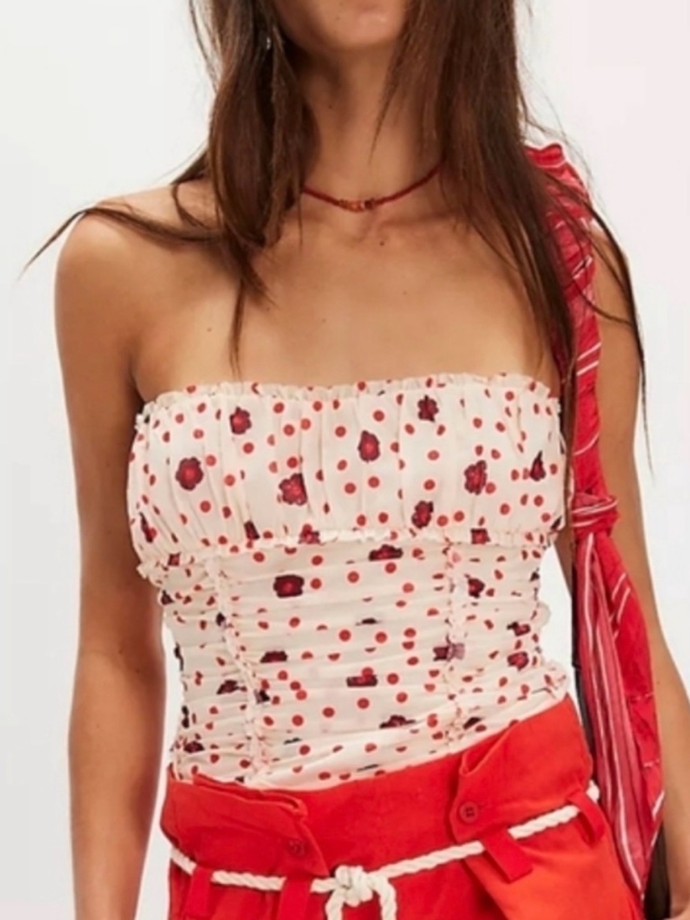 Free People NWOT Scottie Tube Top in Cream w Red Floral & Polka Dot Print sz SML